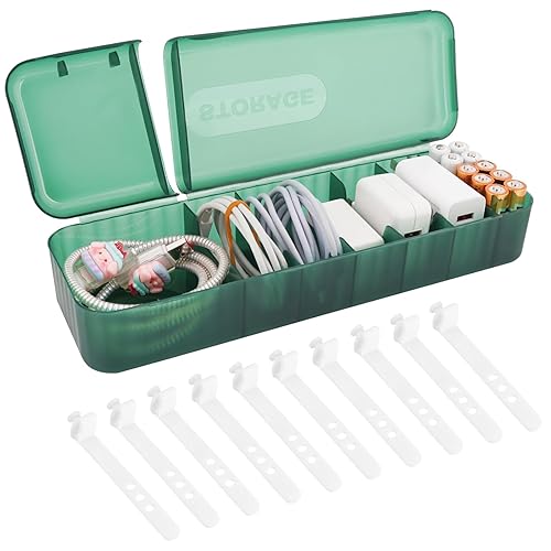 LUWOO Cable Organizer Box with 10 Wire Ties, Clear Charge Cord Management Cases with 7 Compartments, Desktop Drawer Organizer Storage Container, Wire