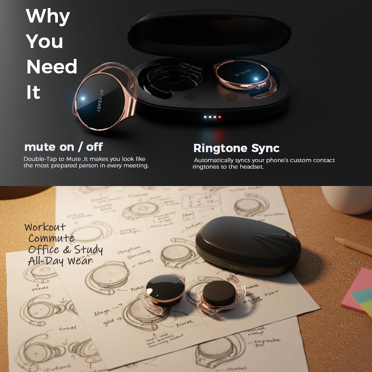 On Ear Headphones Bluetooth 5.4, Noise Cancelling Open Ear Headphones Wireless, Water-Drop Shaped Clip On Sport Headset Bluetooth with 4 Microphone…