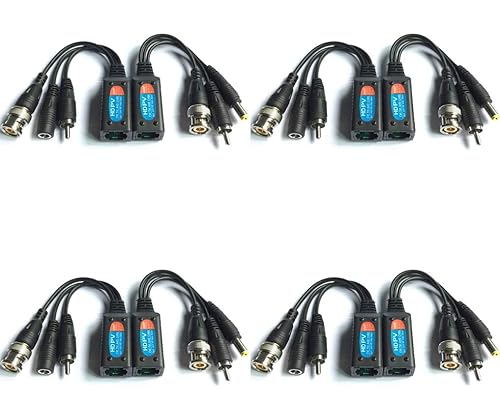 Evertech HD-CVI/TVI/AHD Passive Video Balun with Power Connector and RJ45 CAT5 Data Transmitter BNC Twisted Pair (4 Pairs 8 pcs Megapixel)