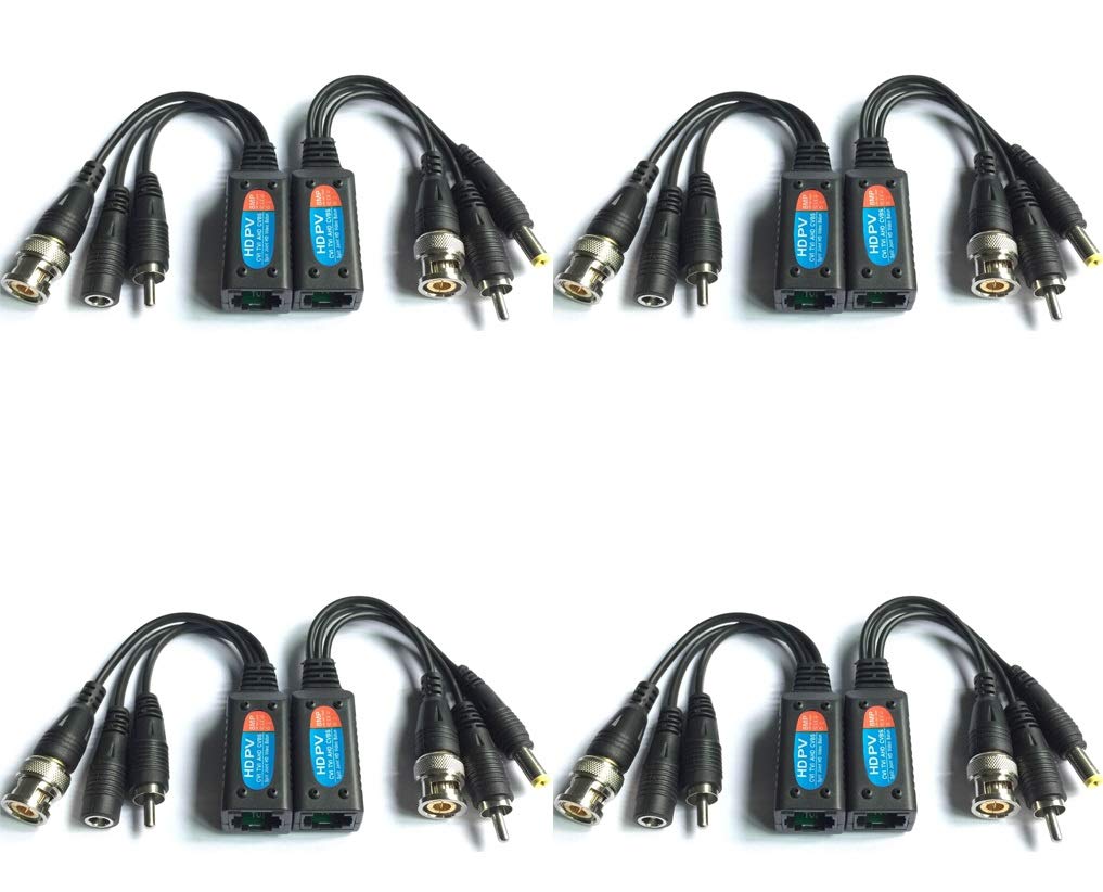 Evertech HD-CVI/TVI/AHD Passive Video Balun with Power Connector and RJ45 CAT5 Data Transmitter BNC Twisted Pair (4 Pairs 8 pcs Megapixel)