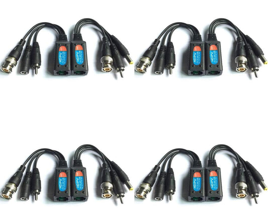 Evertech HD-CVI/TVI/AHD Passive Video Balun with Power Connector and RJ45 CAT5 Data Transmitter BNC Twisted Pair (4 Pairs 8 pcs Megapixel)
