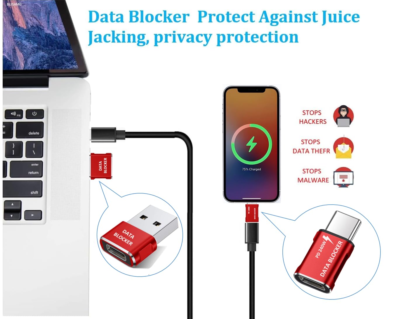 BUISAMG Data Blocker, USB A to C & USB C Data Blocker for iphone15 16 and Any Mobile Phone Charging, Protect Against Juice Jacking, Refuse Hacking