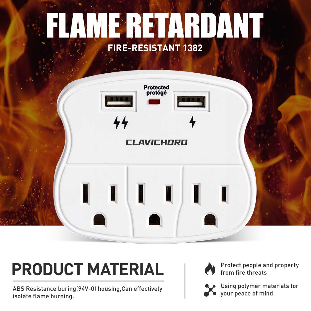 CLAVICHORD Surge Protector USB Wall Mount- Multi Plug Outlet Expander Surge Protector Wall Mount with 2 USB Charging Ports for Home/School/Office