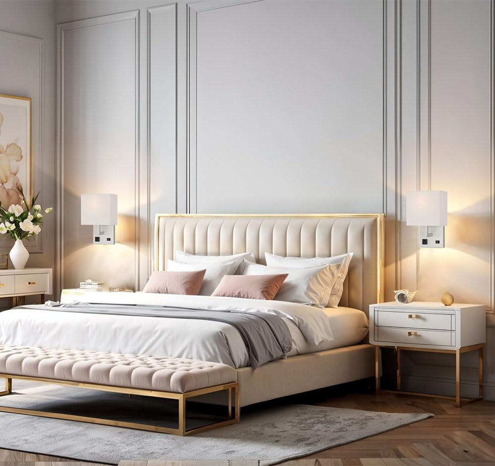 HomeFocus - Bedside Wall Light with Outlet,Wall Lamp,Wall Sconces,Wall Lamp for Bedroom,Living Room,Wall Light for Home and Hotel,Metal,Satin