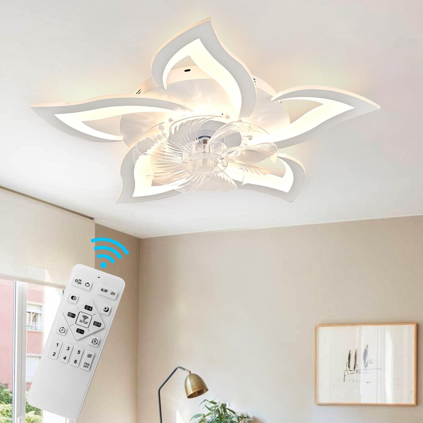 Flytohom Modern Low Profile Ceiling Fan with Lights and Remote Control, 27 Inch Flush Mount Ceiling Fan for Bedroom, Living Room, Kitchen (White)