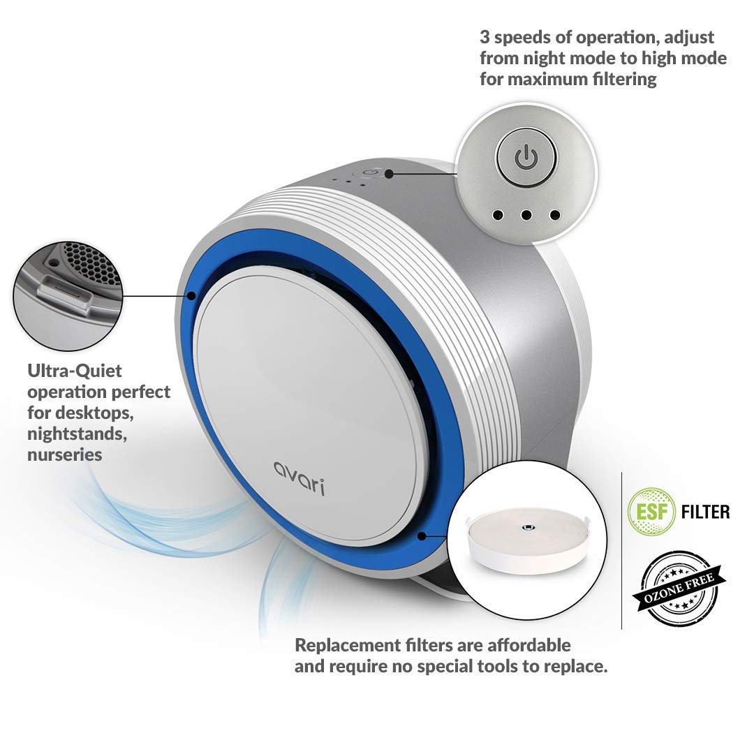 AVARI™ 525 Blue Desktop Personal Air Purifier made in Korea. Filtering Personal Breathing Zone. Ultra Quiet Electro-Static Filters to 0.1 Micron