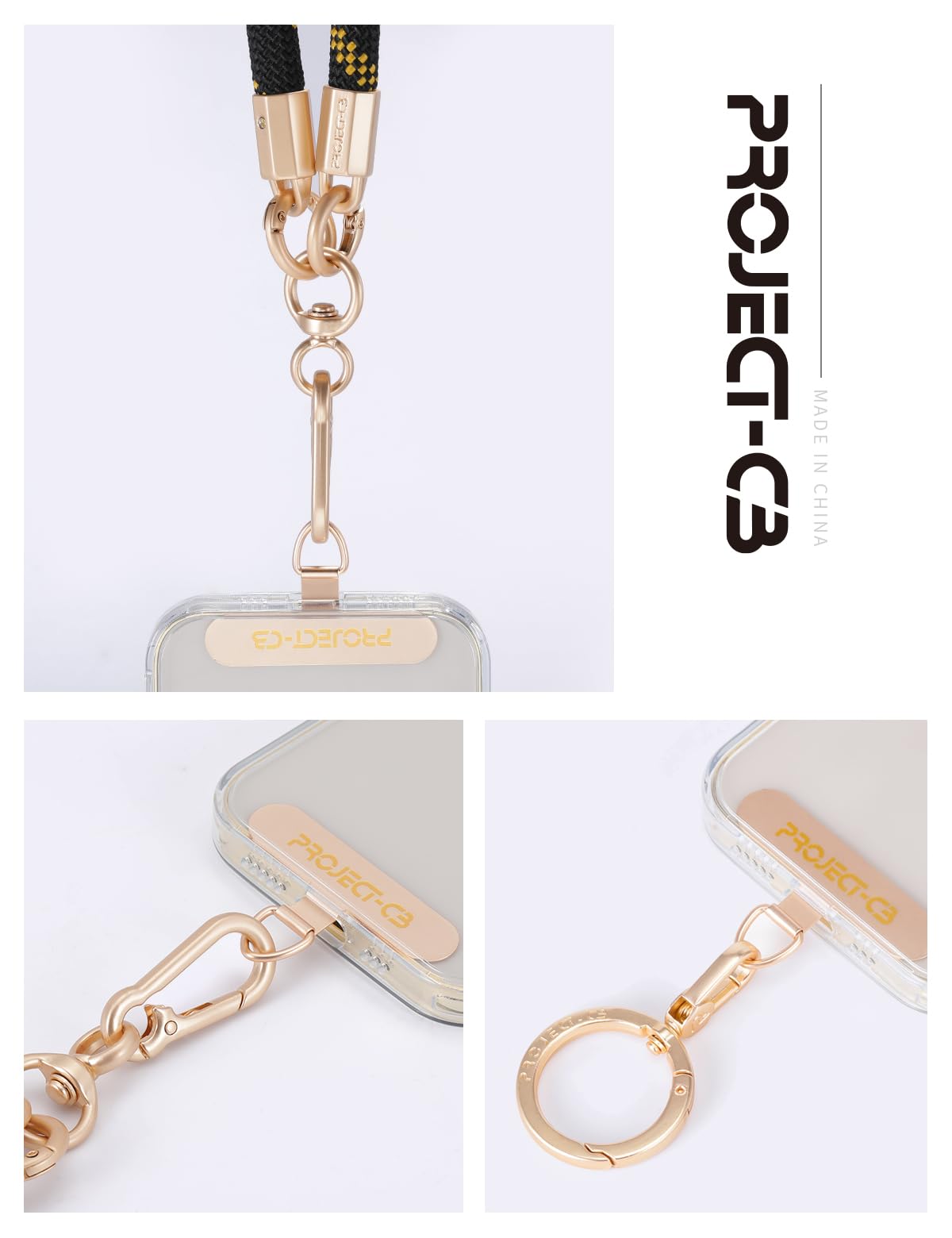 project-cb Phone Tether Tab, Lanyard Patch, Phone Stand, Strap Tab, Phone Key Ring, Ring Holder (Gold)