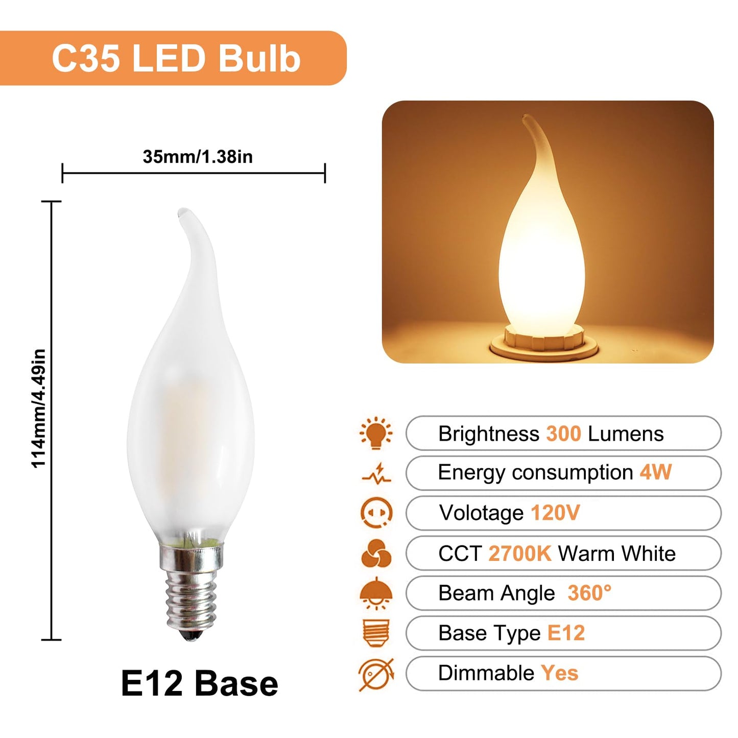 MZyoyo 10 Pack Candelabra LED Bulb, Dimmable E12 Candle Bulbs, 4W Chandelier Light Bulbs, BA11 Flame Shape Bent Tip, 4 Watt LED Light Bulb, 2700K Warm