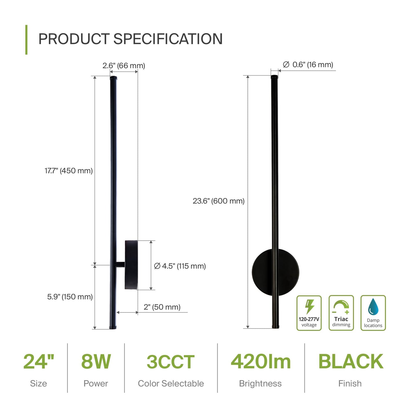 ASD LED 24" Linear Tube Wall Sconce, Modern Bathroom Light Bar | 3CCT, 360° Rotatable, Dimmable, ETL Listed | 8W 420LM 3000-5000K 100-277V | Bedroom