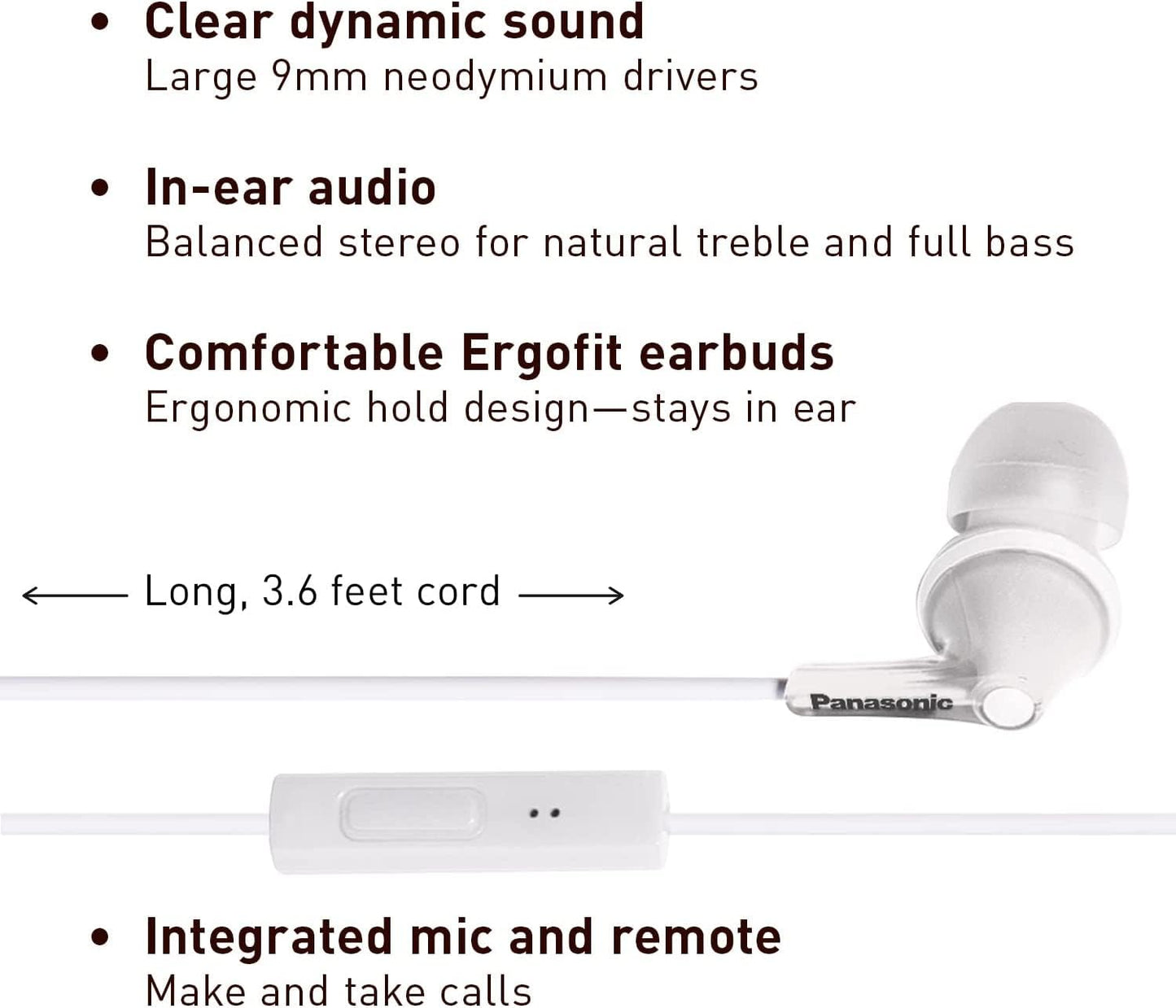PANASONIC ErgoFit Earbud Headphones with Microphone and Call Controller Compatible with iPhone, Android and Blackberry - RP-TCM125-W - In-Ear (White)