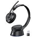 Wireless Headset with Mic for Work, Wireless Headphones with Mic (Noise Cancelling), Charging Base & Mute Button, Bluetooth Headset with Microphone…