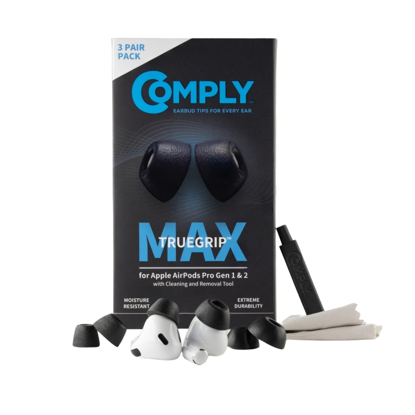 Comply TrueGrip MAX | Premium Memory Foam Replacement Earbud Tips for Apple AirPods Pro 1 & 2 | Long Lasting Comfort, Extreme Durability, Secure Fit