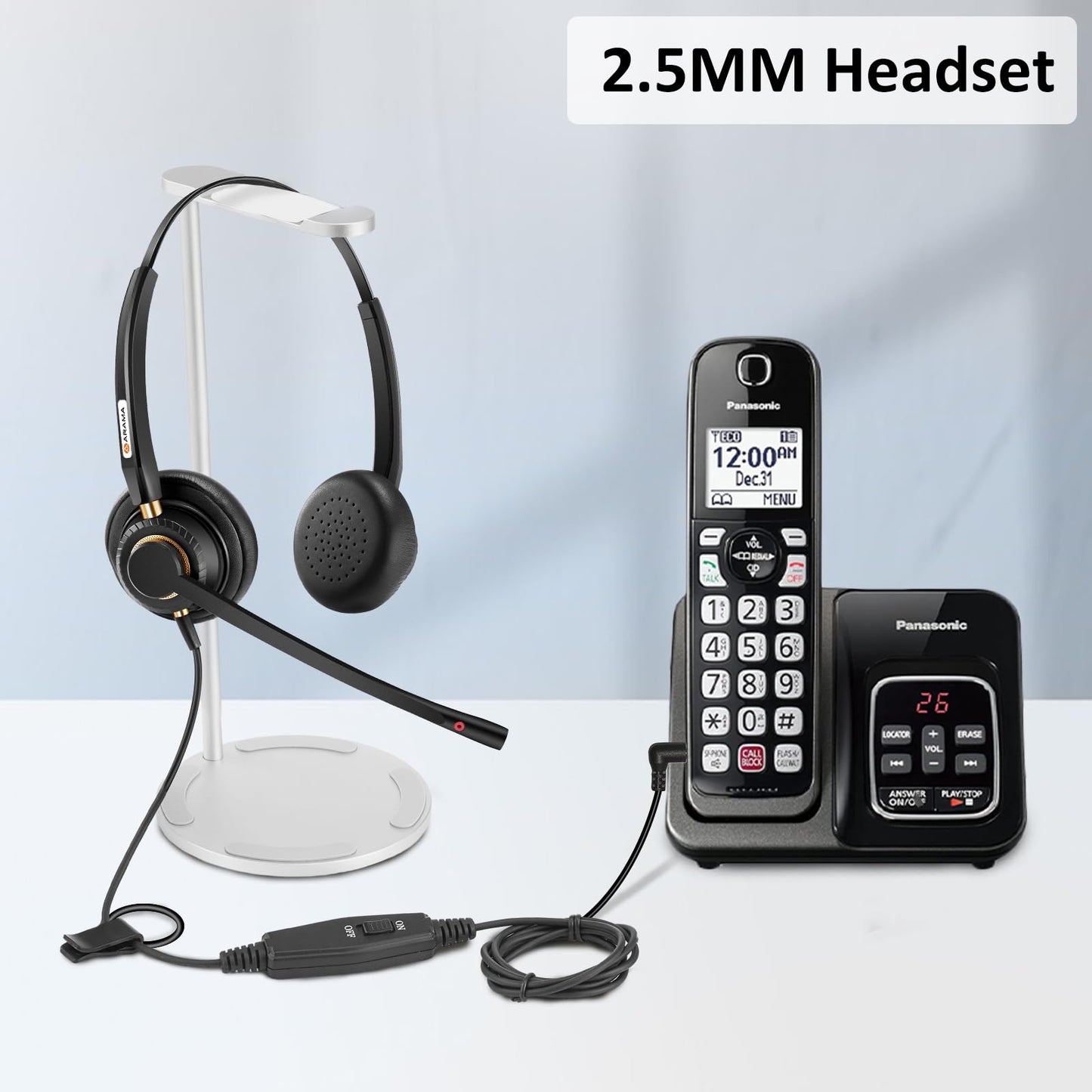 Phone Headset 2.5mm with Noise Canceling Microphone & Mute Switch, Comfort Fit Telephone Headset for Panasonic VTech AT&T Uniden RCA Cisco Gigaset