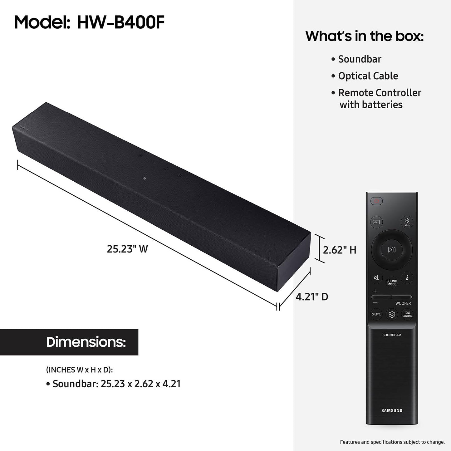 Samsung B-Series Soundbar HW B400F 2.0 ch Soundbar with Built in Subwoofer (2025 Model) One Remote Control, Surround Sound Expansion, Voice Enhance