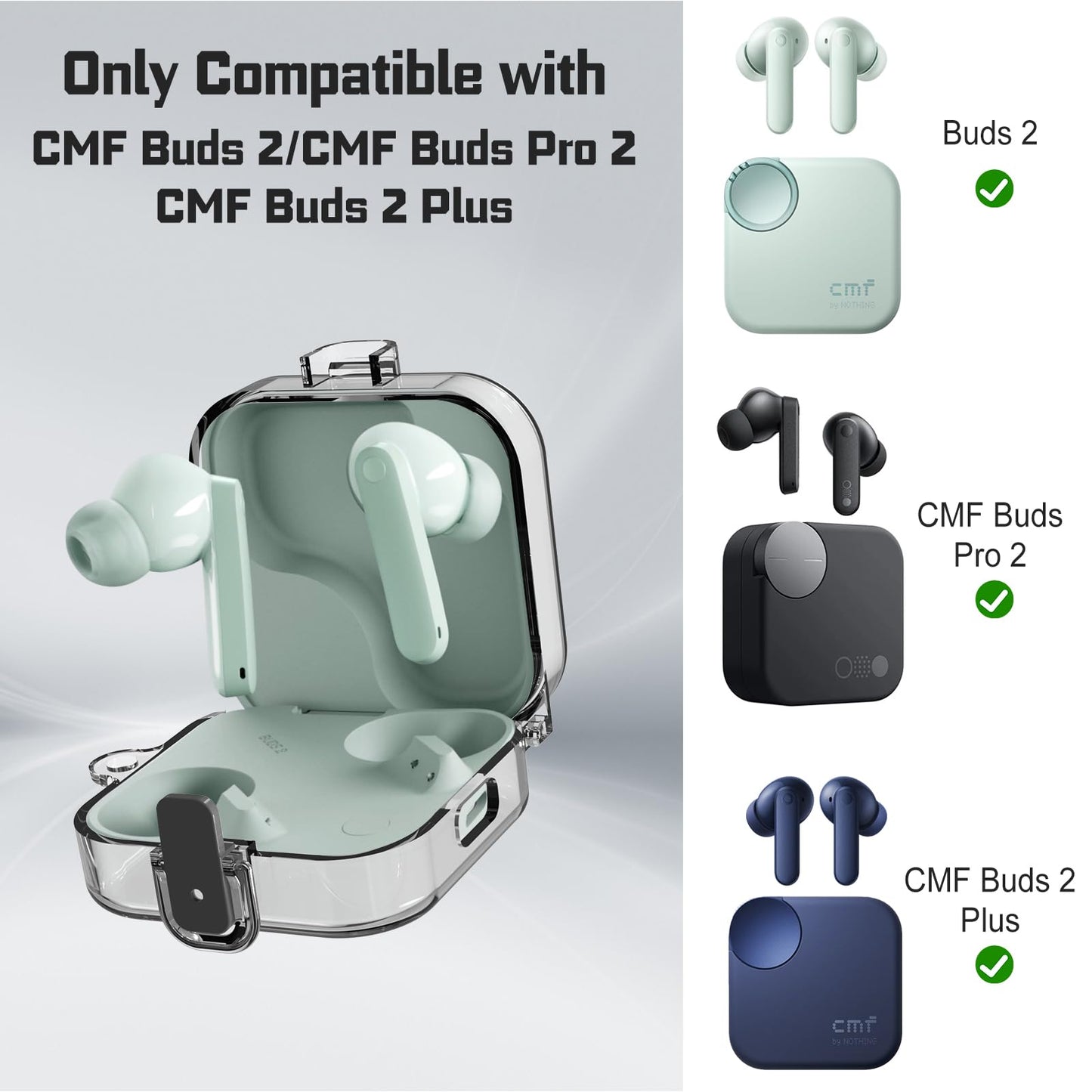 POZCIS for CMF Buds 2 Plus/CMF Buds 2 / CMF Buds Pro 2 Case with Safety Lock, Flexible TPU Clear Protective Case with Cleaner Kit & Carabiner