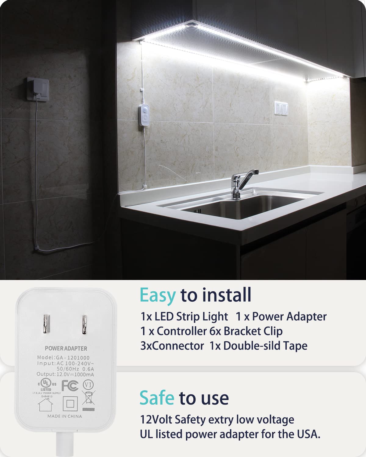 Motion Sensor Led Light Strip - with UL FCC Plug Adapter, Multi-Functional Controller, Dimmer, Timer, Under Cabinet Lights for Indoor Kitchen Stair