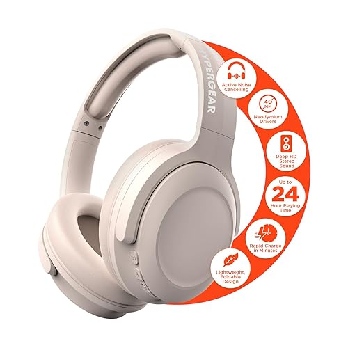 HyperGear Headphones Wireless - Bone Active Noise Cancelling Headphones Over Ear Bluetooth HD Audio Deep Bass Dual Noise Canceling Mics ANC Gym…