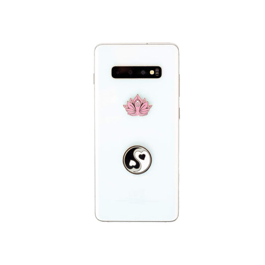 Metal Charm Stickers for Cell Phone Cases. Yin Yang and Pink Lotus Set of 2 Reusable & Removable Leaves No Residue. Symbols of Balance Harmony Love