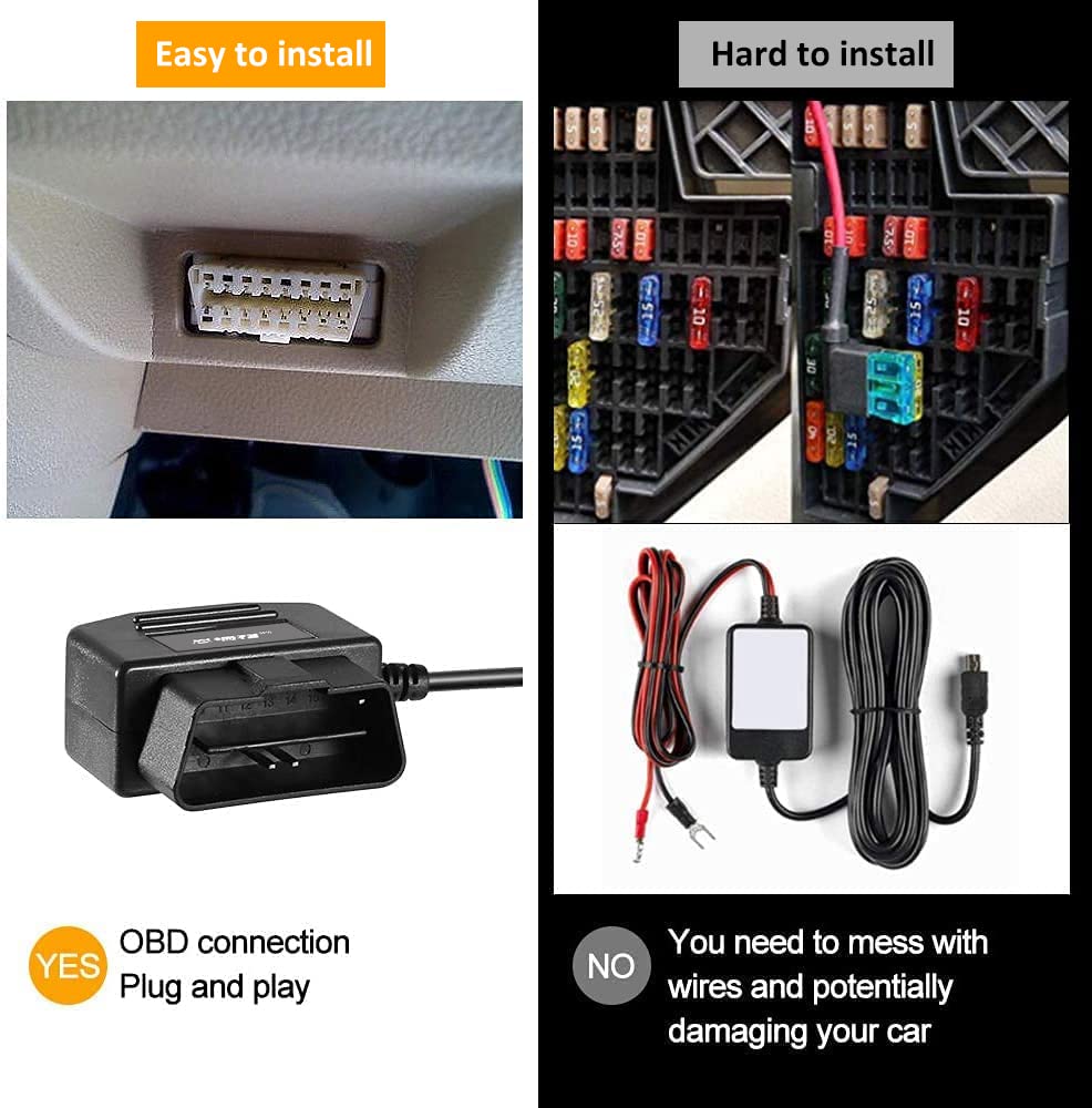 EnruigeOK Universal OBD OBD2 Power Cable for Dash Camera 24 Hours Surveillance/Acc Mode with Switch Button, 3Pin OBDII Adapter Hardwire Charger Cable
