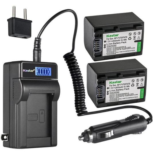 Kastar 2-Pack NP-FV70 Battery and LCD AC Charger Compatible with Sony FDR-AX700, FDR-AX33, FDR-AX43, FDR-AX53, FDR-AXP55, HDR-CX110, HDR-CX115