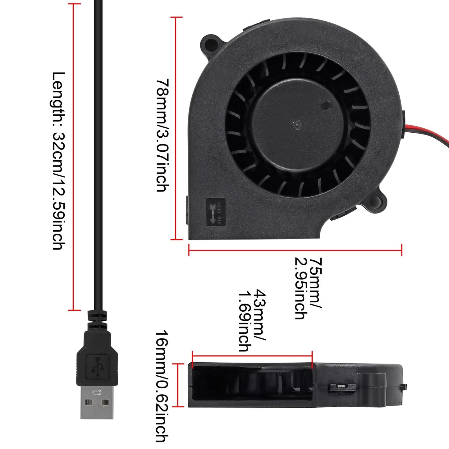 4PCS 7015 Fan 75mm DC 5V USB Blower Fan 75mm x 15mm 5V USB Blower Brushless Cooling Fan for 3D Printer PC CPU Computer Case Fan Cooler