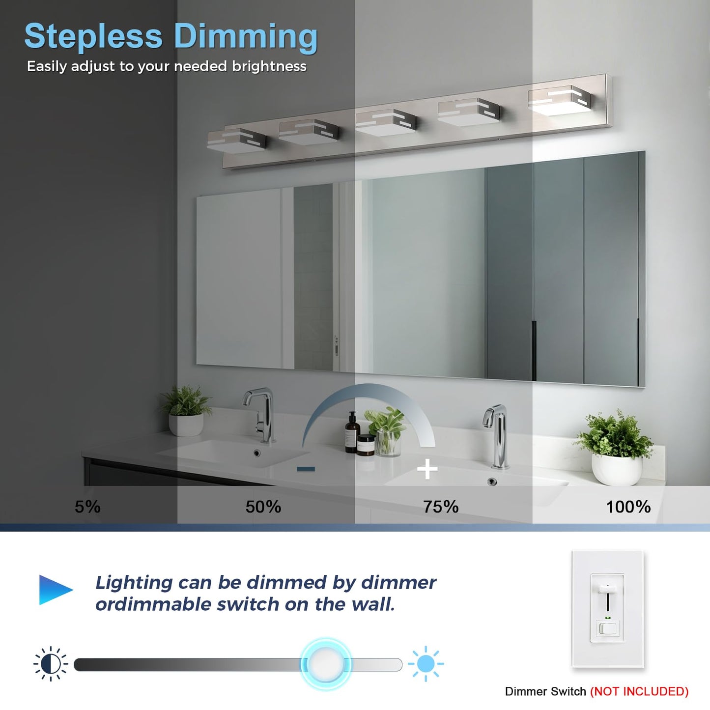 MKBNG 5-Light Modern Bathroom Vanity Light Fixtures, 40-Inch 350° Rotatable LED Vanity Lights Over Mirror, Dimmable 5500K Natural White Brushed Nickel