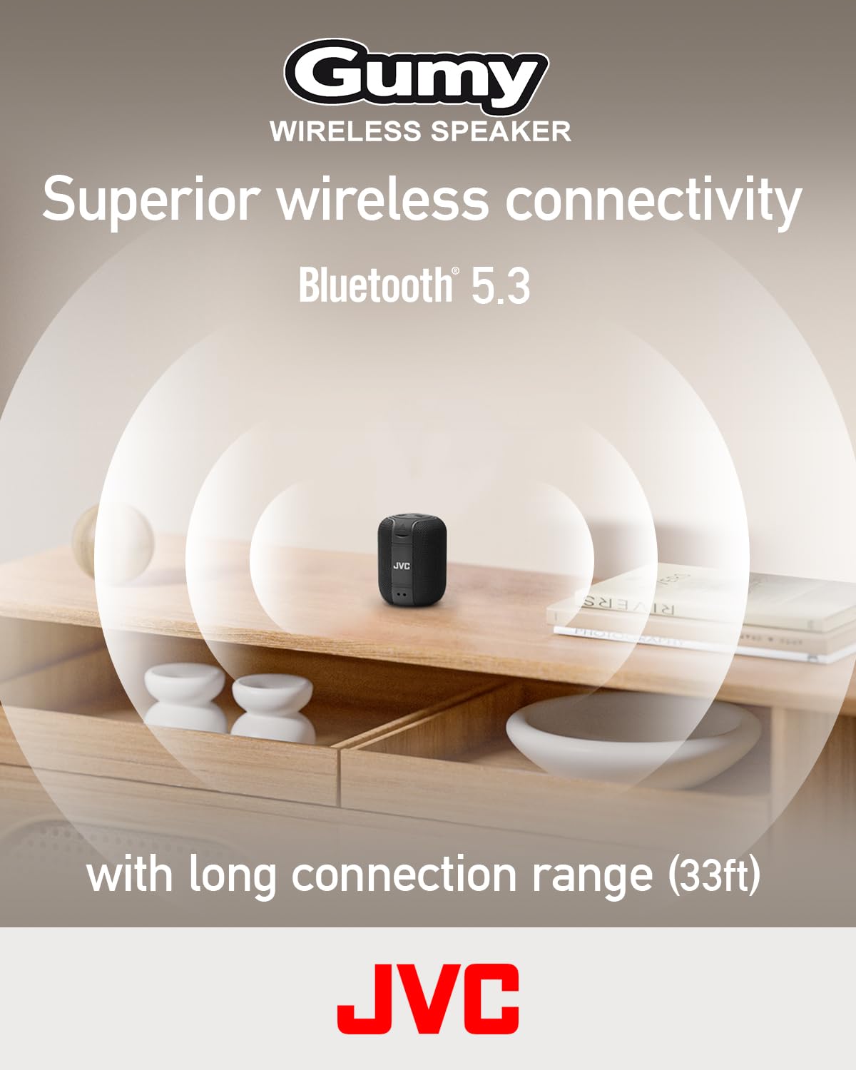 JVC Portable Gumy Wireless Speaker with Surround Sound, Bluetooth 5.3, Lightweight, TWS Capability, USB-C, up to 15-Hour Battery Life - SPSG1BTA