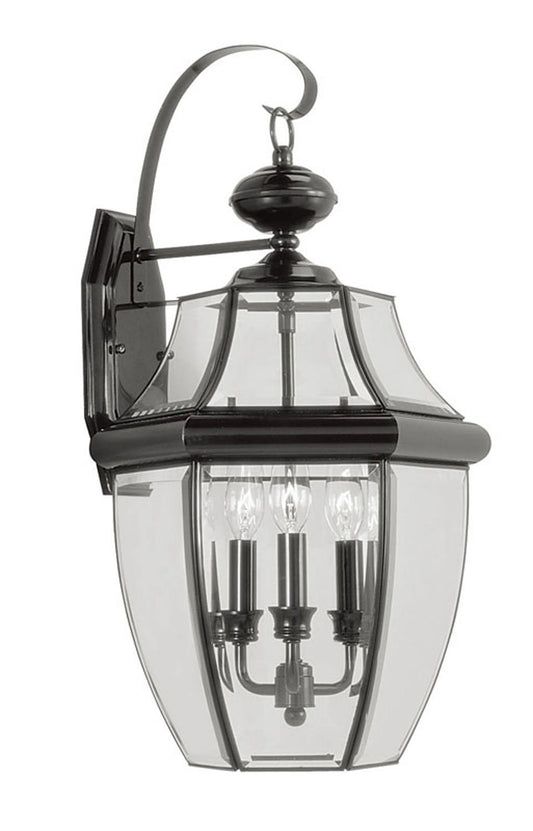 Livex Lighting 2351-04 Monterey 3 Light Outdoor Black Finish Solid Brass Wall Lantern with Clear Beveled Glass