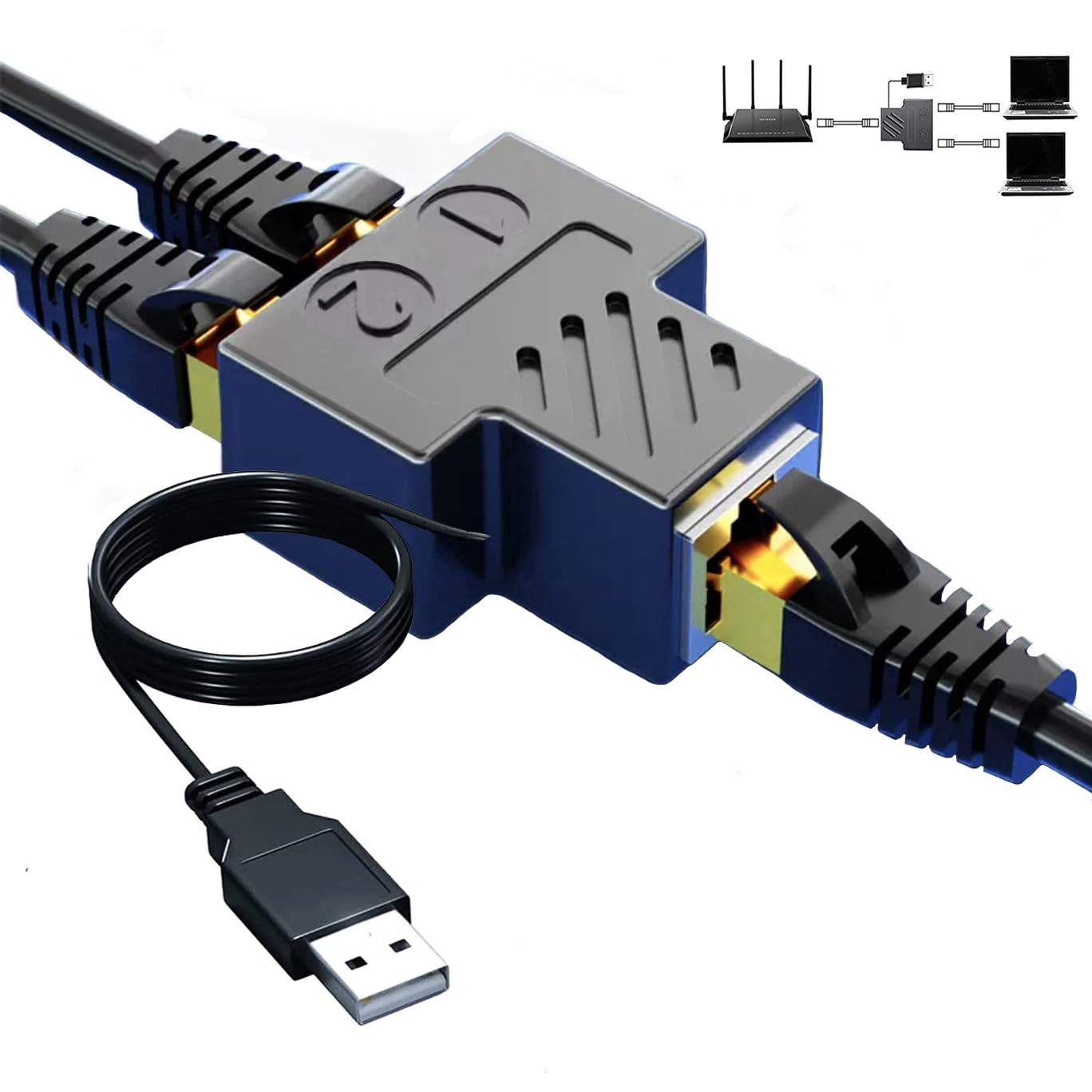 RJ45 Splitter Adapter, Aoiutrn 1 to 2 Dual Port USB to RJ45 Network 8P8C Extender Plug LAN Interface Ethernet Socket Connector
