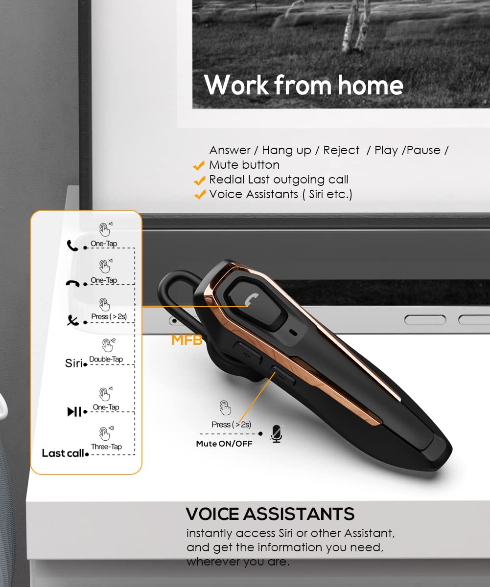 ZOUKAI Single Ear Wireless Bluetooth Headset, 30H Talking Time, Dual Noise Cancelling Mic Hands-Free Calls, Hands Free Earpiece, Call Reminder