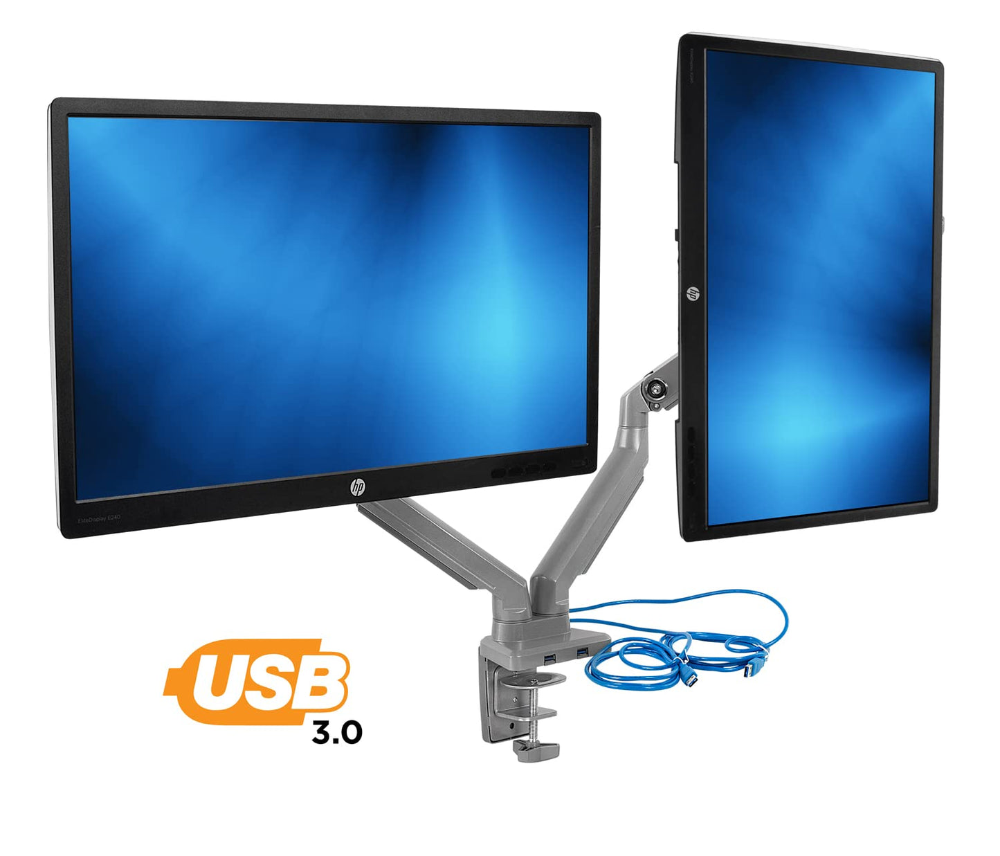 Mount-It! Dual Monitor Desk Mount with USB 3.0 Ports, Full Motion Dual Monitor Stand for 2 Screens up to 32 Inches, VESA 75x75 & 100x100, Clamp or