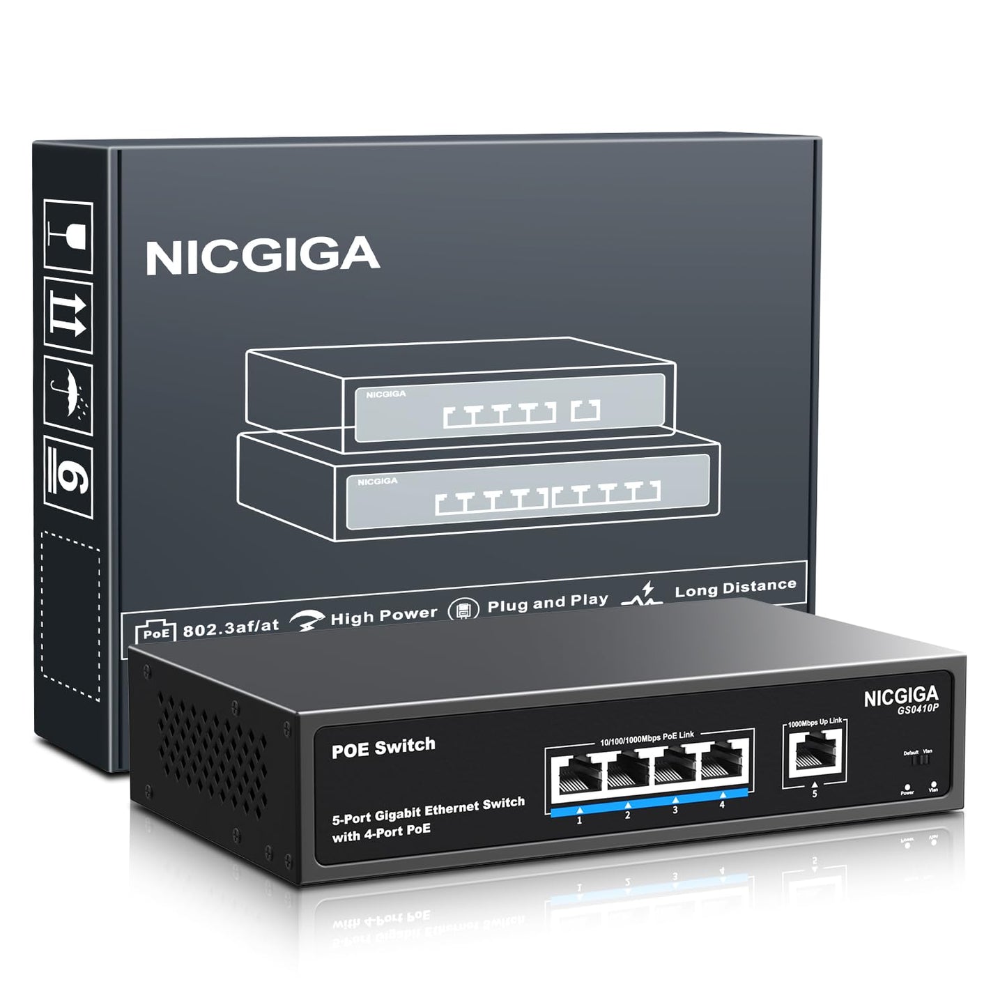 4 Port Gigabit PoE Switch Unmanaged with 4 Port IEEE802.3af/at PoE @78W, 1 x 1000Mbps Uplink, NICGIGA 5 Port Network Power Over Ethernet Switch, VLAN