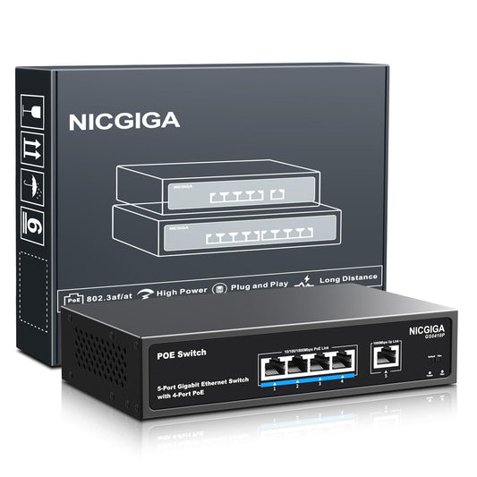 4 Port Gigabit PoE Switch Unmanaged with 4 Port IEEE802.3af/at PoE @78W, 1 x 1000Mbps Uplink, NICGIGA 5 Port Network Power Over Ethernet Switch, VLAN