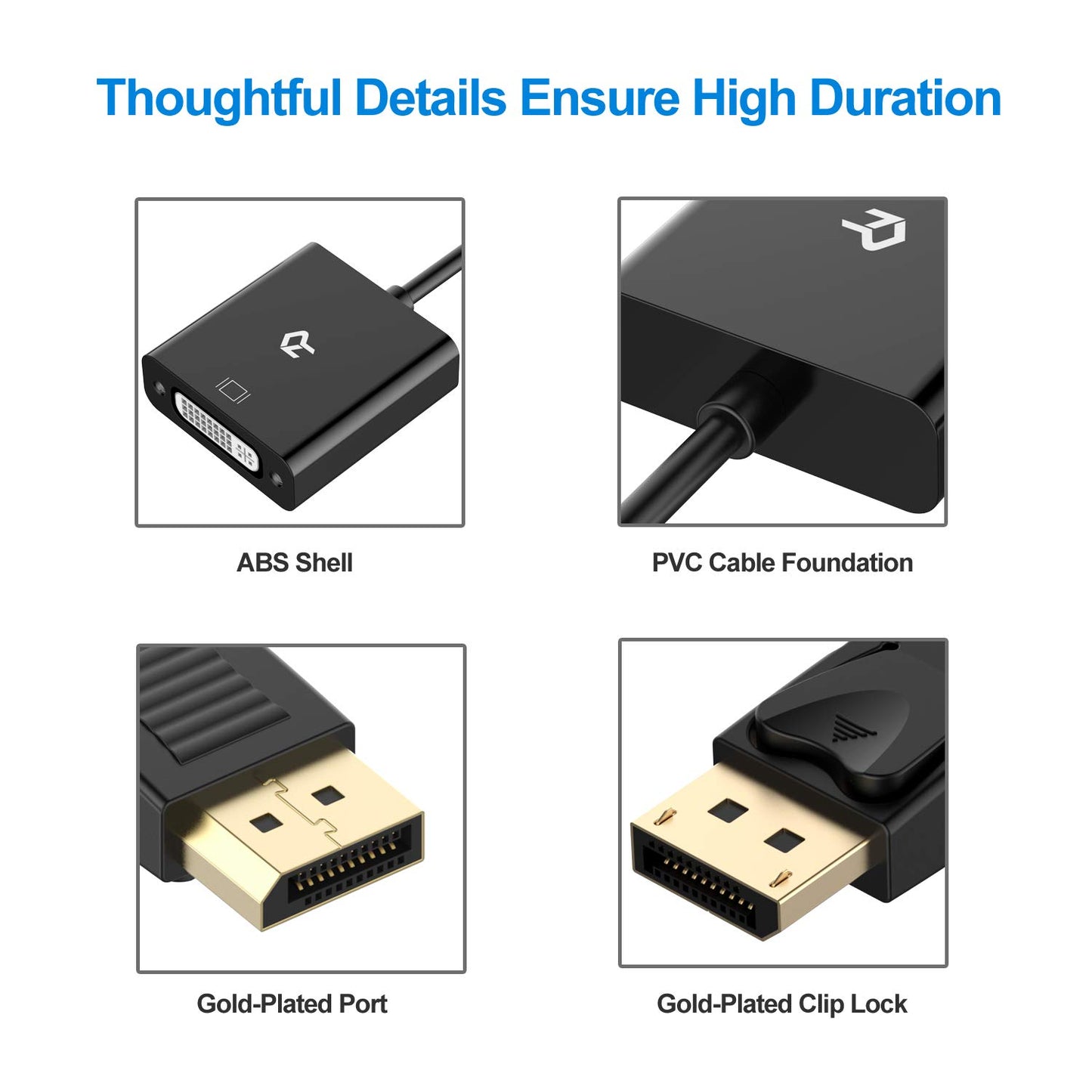 Rankie DP to DVI Adapter, Gold Plated DisplayPort to DVI Male to Female Converter (Black)