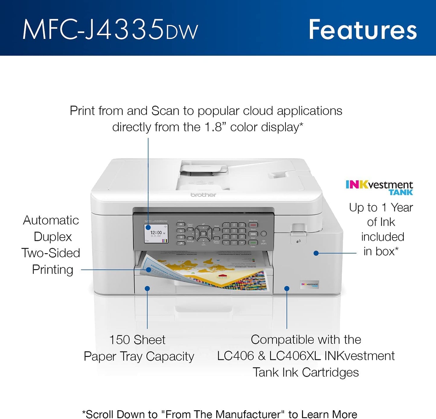 Brother MFC-J4335DW INKvestment Tank All-in-One Printer with Duplex and Wireless Printing Plus Up to 1-Year of Ink in-Box (Renewed Premium)