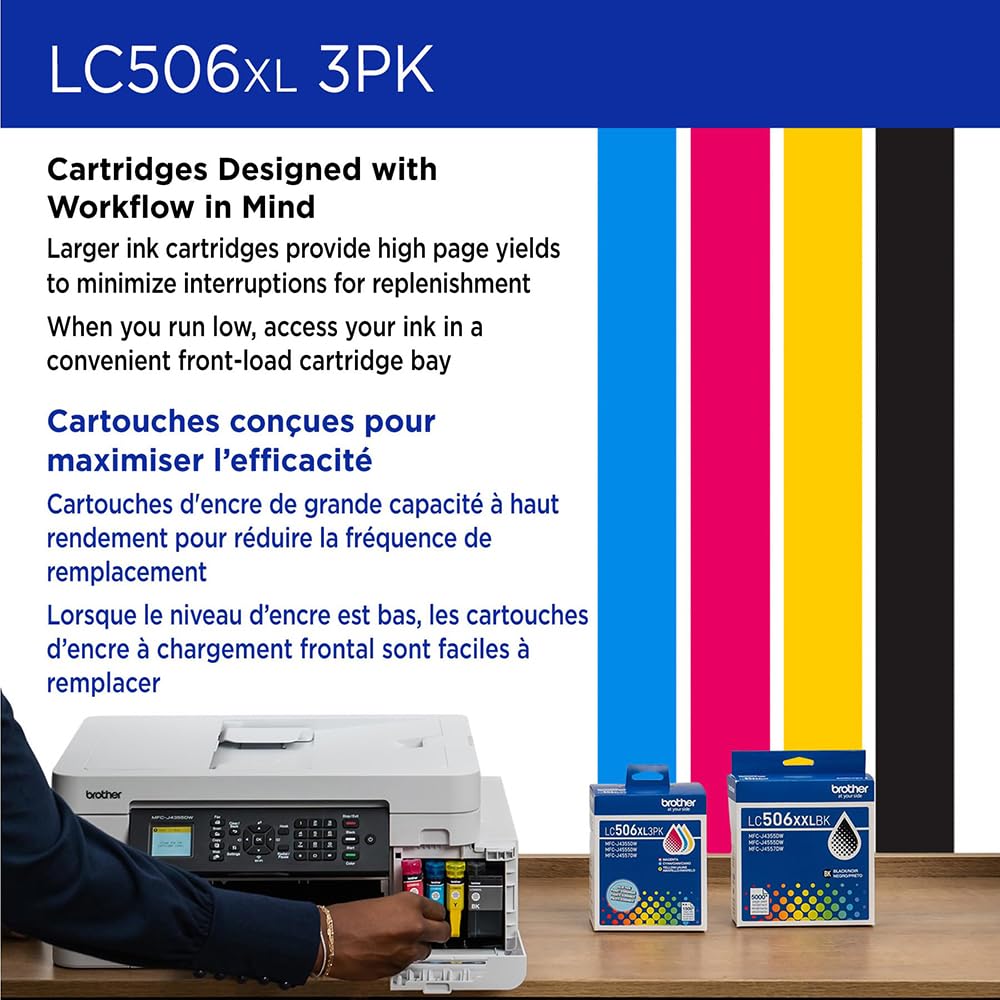 Brother Genuine LC506XL 3-Pack Color High-Yield Ink Cartridges (Cyan, Magenta, Yellow) Bundle with Deco Essentials Printer eBook for MFC-J4355DW