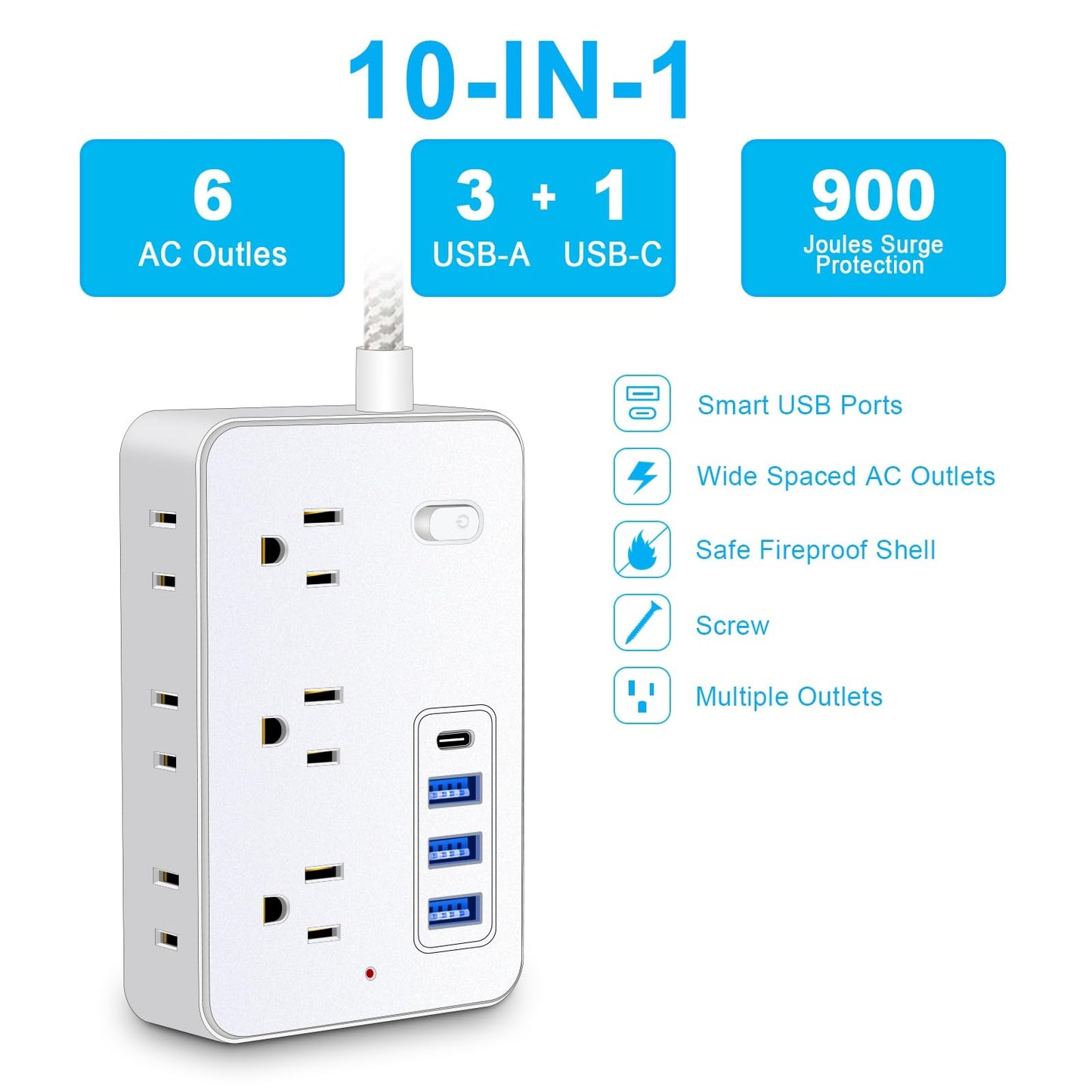 Multi-Device Charging Station, 6-Outlet Surge Protector with 4 USB Ports, Braided Extension Cord, Compact Power Strip for College Dorm Room, Home