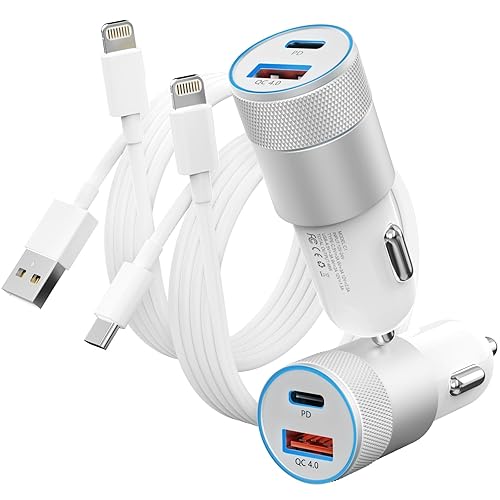 Fast Car Charger and Carplay Cable, 48W Dual Port USB A and USB C Car Charger Adapter with 2Pack High Speed Charging L ightning Cable for i Phone