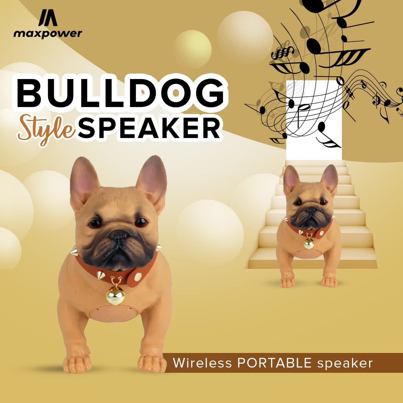 Max Power Bulldog Style Bluetooth Speaker - MD568 - Rechargeable, FM Radio, Brown - Dog Collar Included