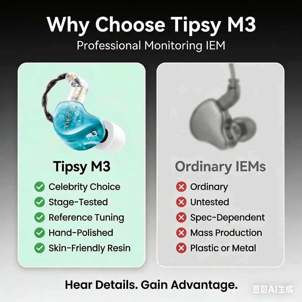 TipsyAuthen Tipsy M3 Professional IEM for Musicians, 2BA + 1DD Drivers, 36dB PNC, IPX5, Acoustic-Runway™ Technology, Skin-Friendly Resin, Detachable