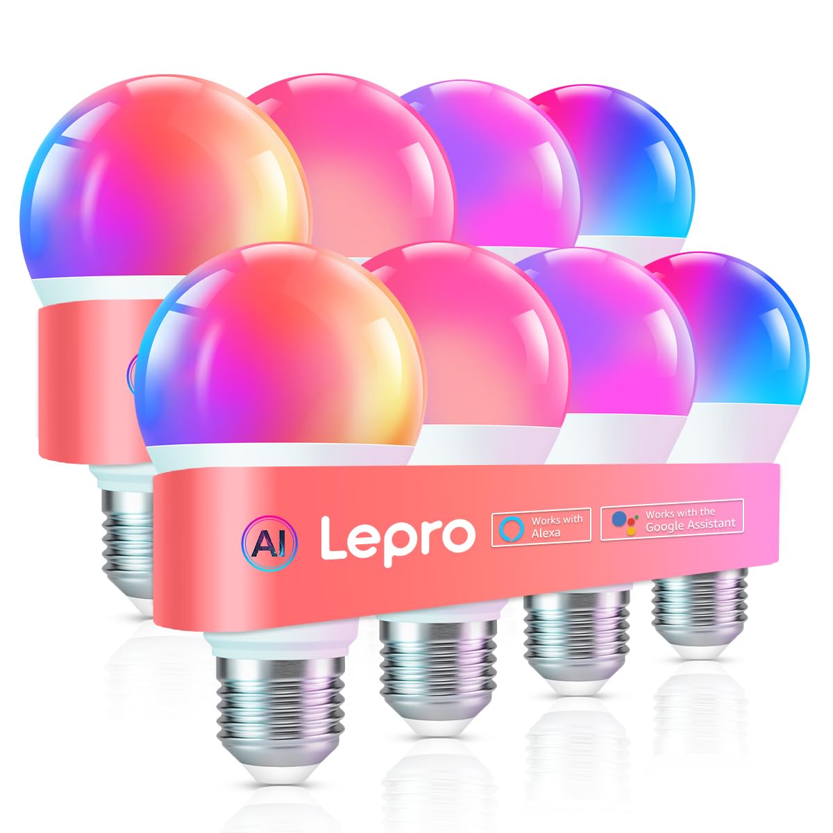Lepro B1 AI Smart Light Bulbs A19 E26 RGBWW WiFi Bluetooth 8 Pack for Home