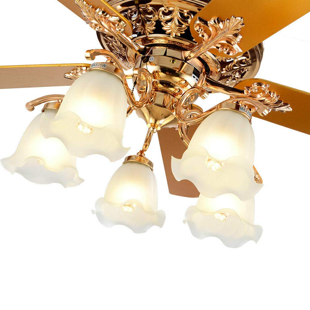 YIYIBYUS 52 Inch Tropical Ceiling Fan with Light Chandelier 5 Wooden Blades 5 Frosted Glass Lampshade, Innovative Indoor Bedroom Living Room Palm