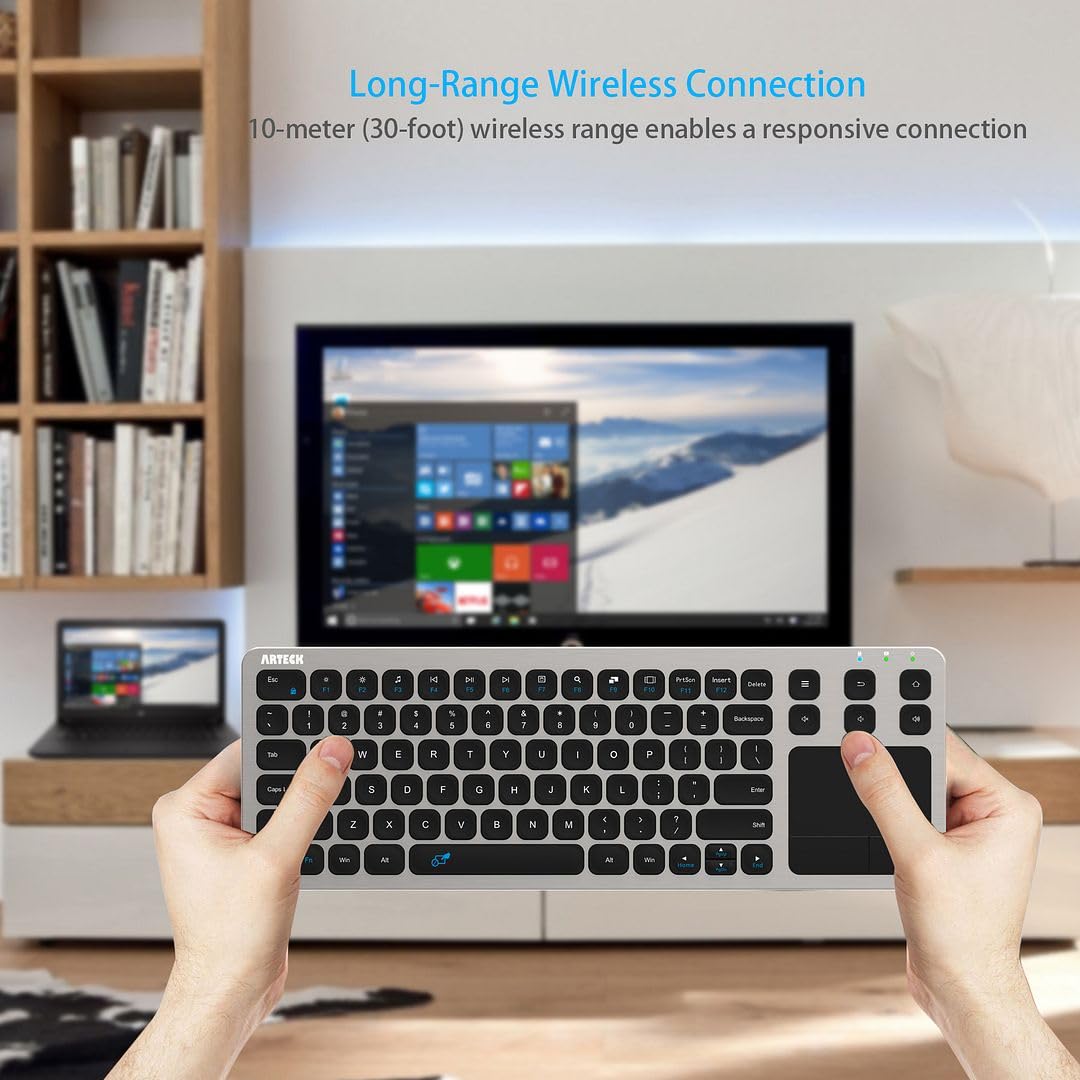 Arteck 2.4G Wireless Touch TV Keyboard with Easy Media Control and Built-in Touchpad Mouse Solid Stainless Ultra Compact Full Size Keyboard -Connected
