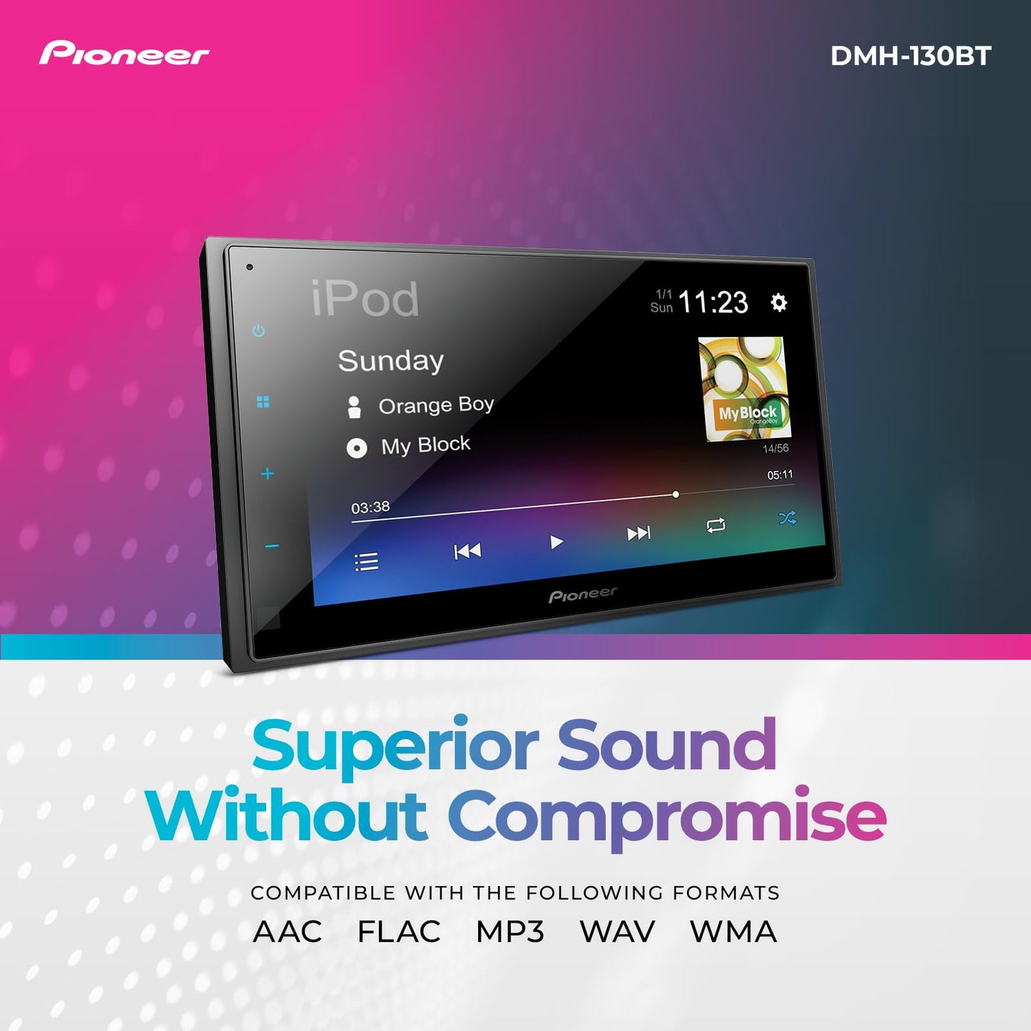 Pioneer DMH-130BT 6.8" Resistive Touchscreen, Double Din - Bluetooth, Backup Camera, USB, FLAC, AM/FM Radio, Short Chassis, 50W x 4 Output, Steering
