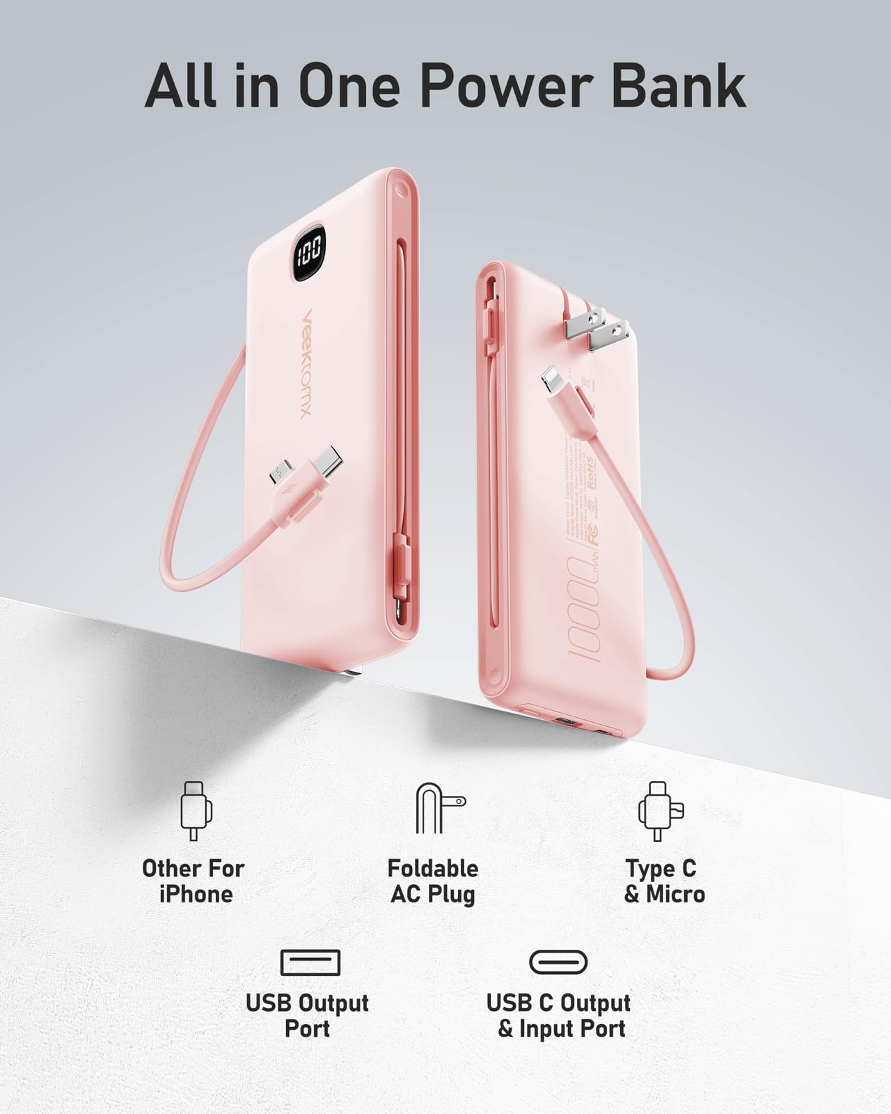 VEEKTOMX 10000mAh Portable Charger with Built-in Cables & Wall Plug