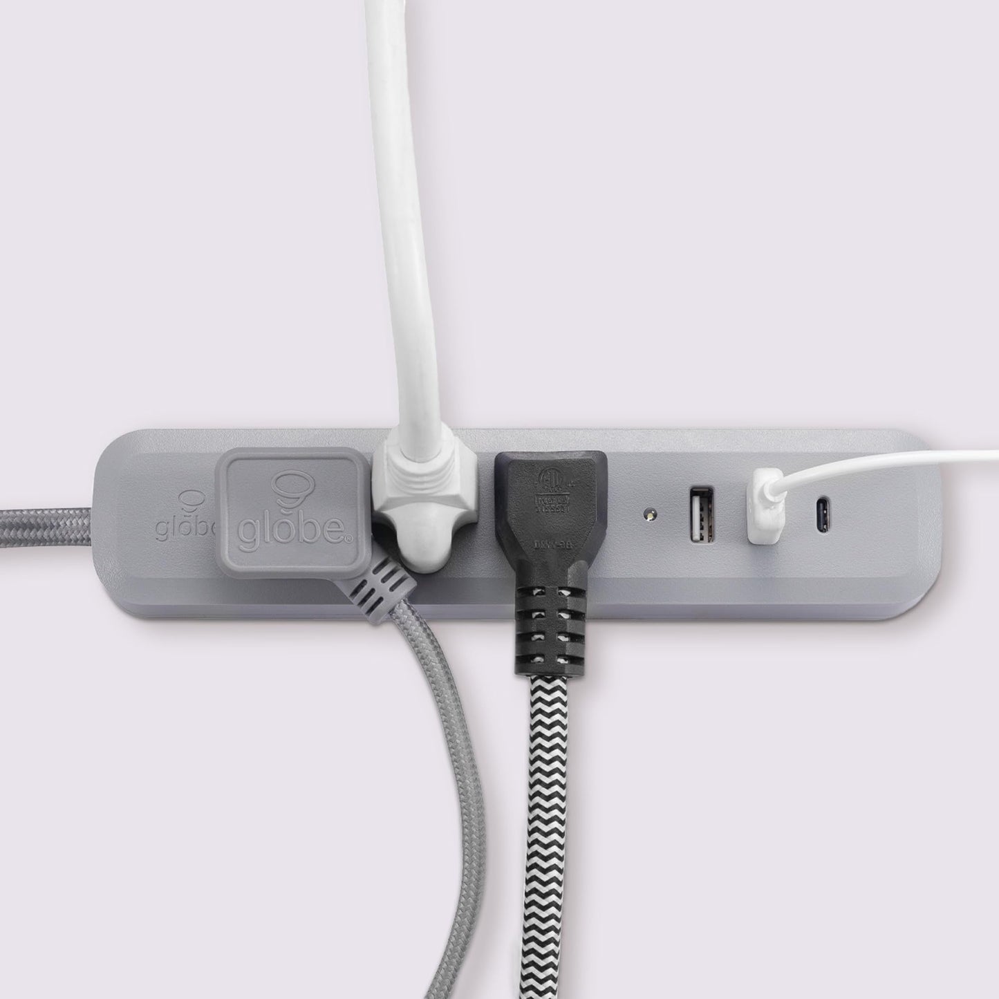 Globe Electric Designer Series 6-ft 3-Outlet USB Surge Protector Power Strip, 2X USB-A Ports, 1x USB-C Port, Right Angle Plug, Gray, 78551