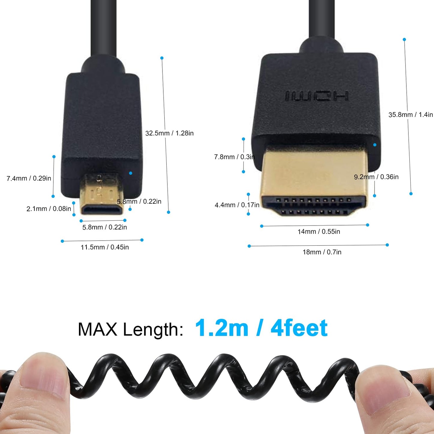 Duttek Micro HDMI to HDMI Coiled Cable 1FT-4FT, 4K@60Hz HDMI to Micro HDMI Adapter Cable Extreme Slim/Thin, 3D for Camera, DSLRs, Camcorders, Portable