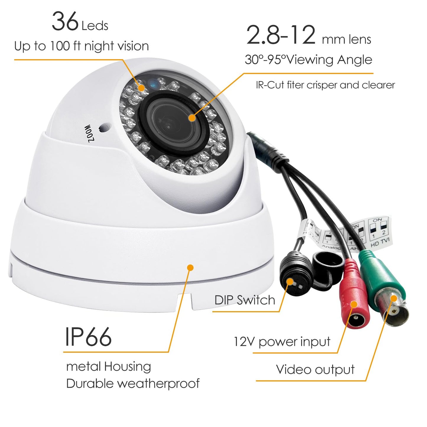 Analog CCTV Camera HD 1080P 4-in-1 (TVI/AHD/CVI/CVBS) Security Dome Camera Outdoor, 2.8mm-12mm Manual Focus/Zoom Varifocal Lens, Weatherproof Metal
