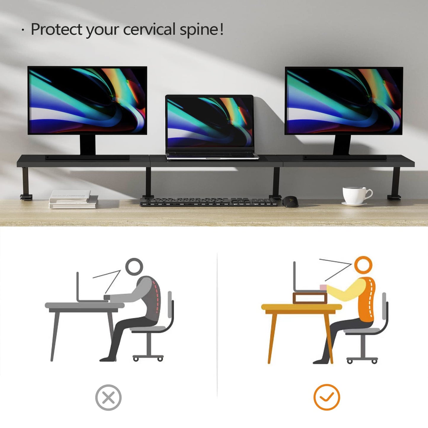 Gaxomo Extra-Large 45-Inch Wood Clamp On Desk Monitor Shelf with Spacious Storage Space - Fits 60-inch or Dual 32-inch Screens, C-Clamp Design