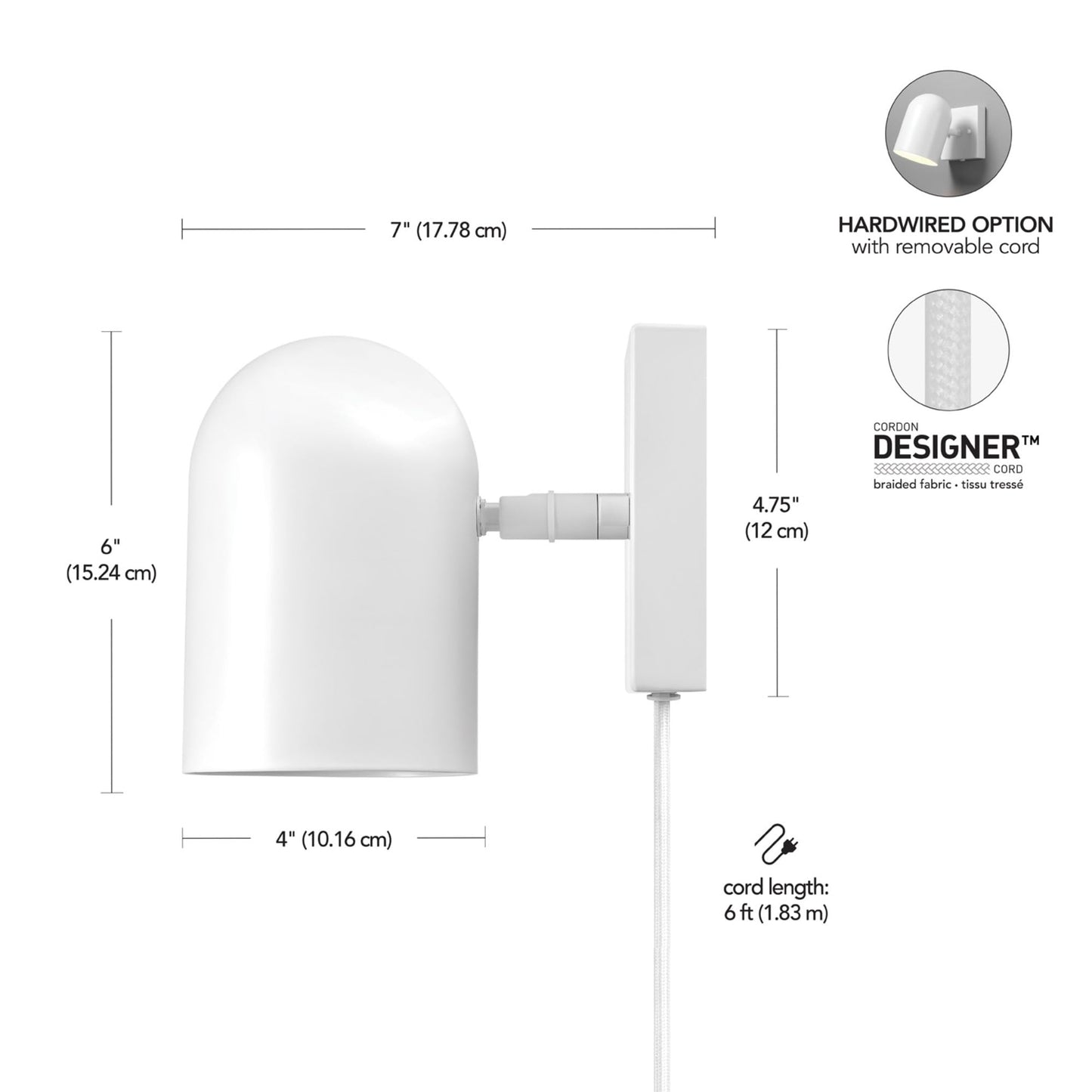 Globe Electric 65000146 1-Light Plug-in or Hardwire Wall Sconce, Matte White, 6ft White Braided Fabric Cord, in-Line Rocker Switch, Wall Lights